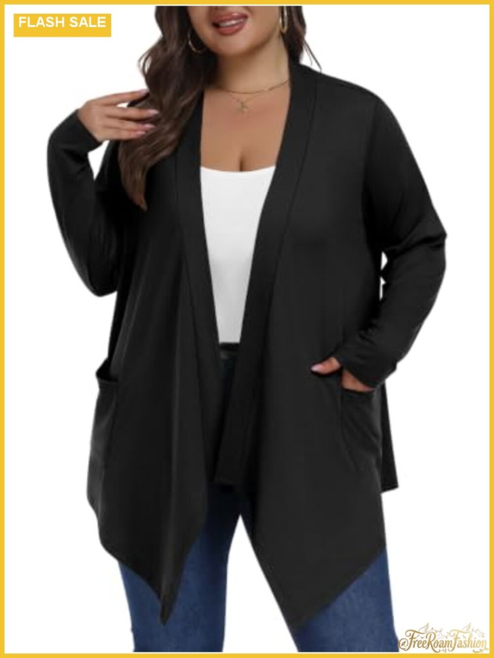 Plus Size Long Sleeve Cardigan with Pockets Waterfall Open Front